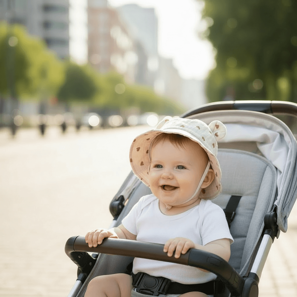 bebé en carrito portando gorrito de muselina con detalle de orejitas y estampado con corazones