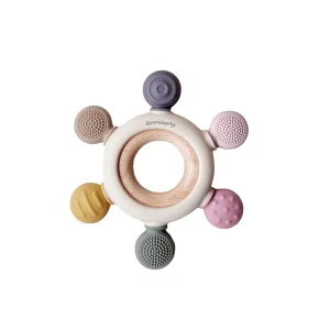 Mordedor dental de silicona rosa multicolor con anillo de madera de haya