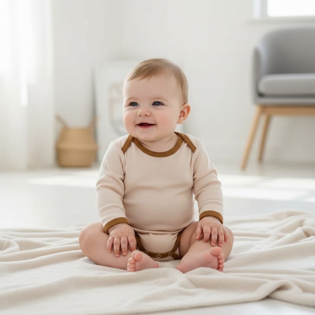 bebé sentado en alfombra con body Chocolat baby de manga larga