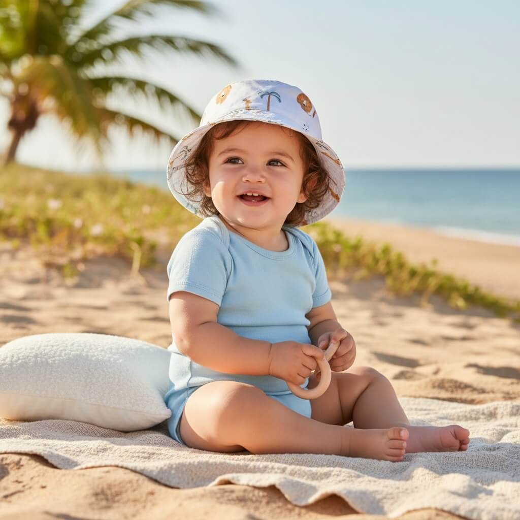 bebé sentado en la toalla, en una playa, vestido de azul y con el gorrito de playa jungle