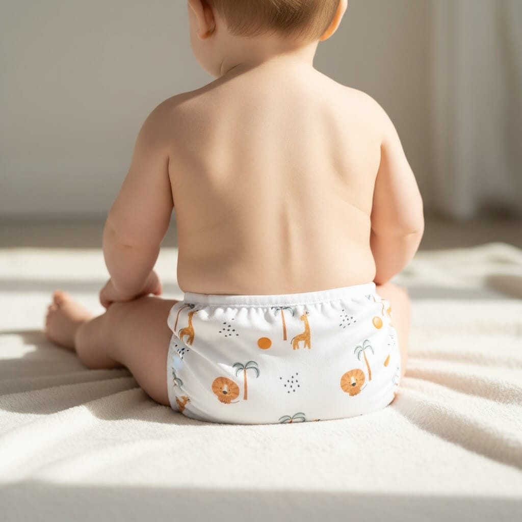bebe de espaldas, sentado,con el bañador pañal modelo jungle