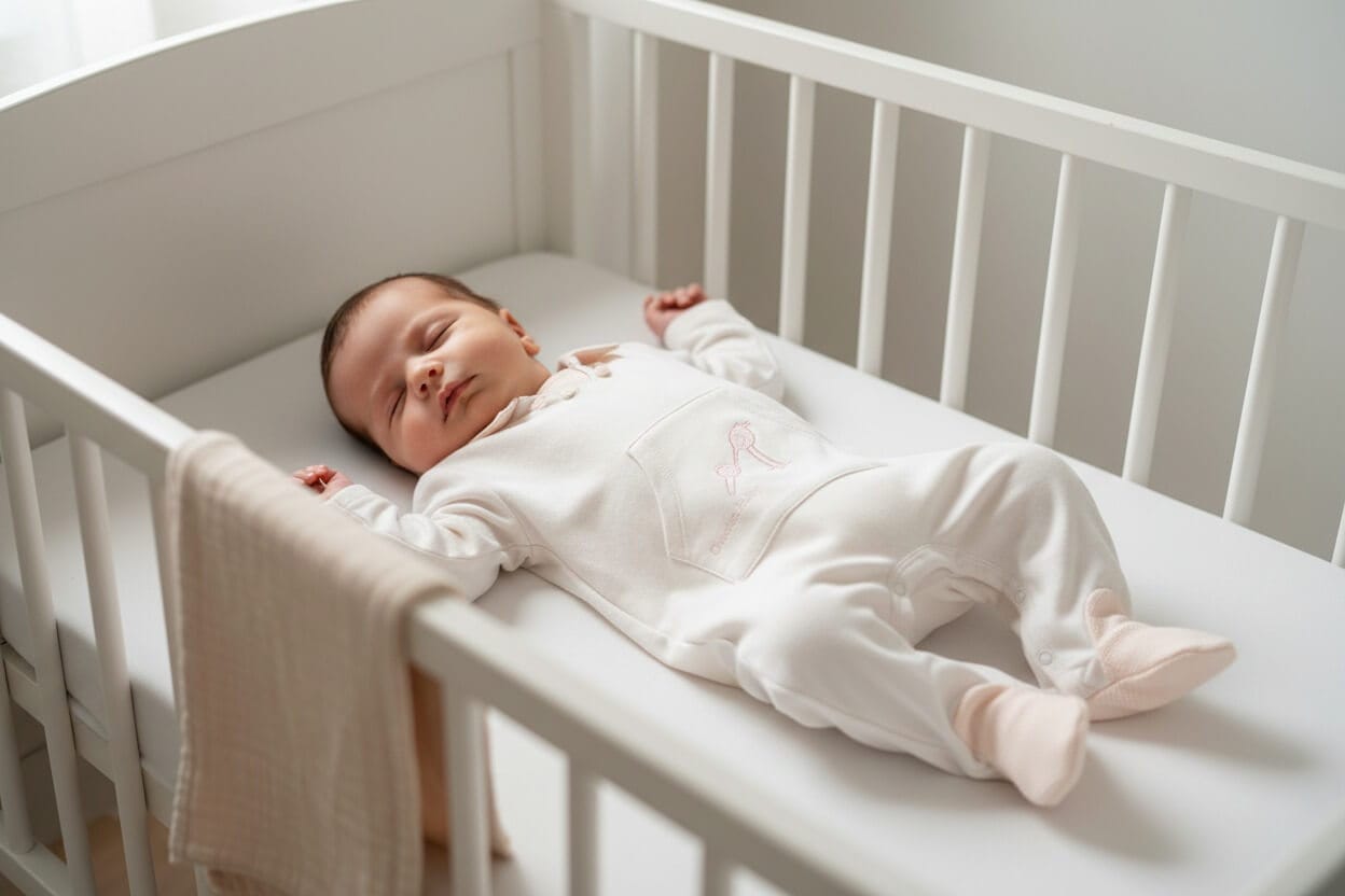 bebé en una cuna dormido boca arriba con un pijama de Chocolat baby con diseño de cigüeña en el bolsillo