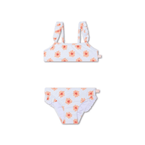 Bikini de niña blanco con flores coral y tirantes con volantes – vista frontal