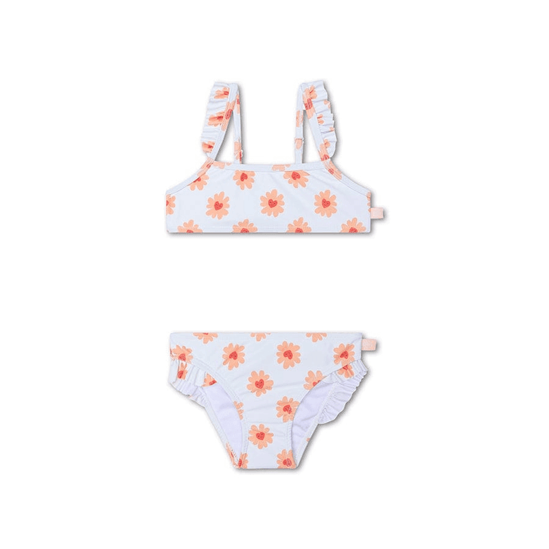 Bikini de niña blanco con flores coral y tirantes con volantes – vista frontal