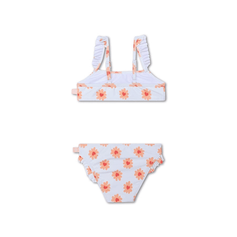 Bikini de niña con flores coral y volantes – vista trasera