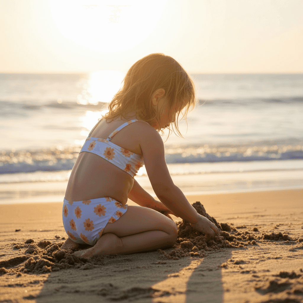 niña con bikini floral jugando en la orilla.