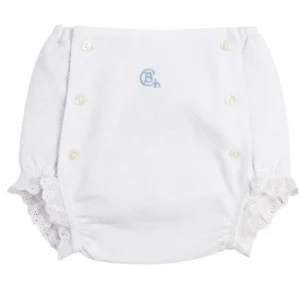 Cubrepañal blanco de Chocolat Baby con detalle bordado en celeste y seis botones delanteros.