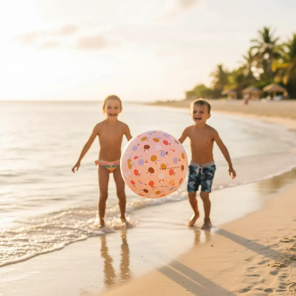 niños en la orilla jugando con la pelota