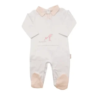 Pijama largo de algodón para bebé con cuello polo y detalle de cigüeña bordado en el pecho