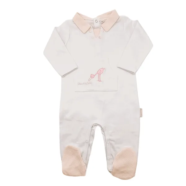 Pijama largo de algodón para bebé con cuello polo y detalle de cigüeña bordado en el pecho