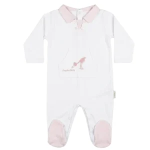 Pijama largo de algodón para bebé con cuello polo y detalle de cigüeña bordado en el pecho