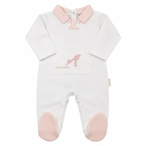Pijama largo para bebé con cuello polo y bordado de cigüeña rosa | Chocolat Baby