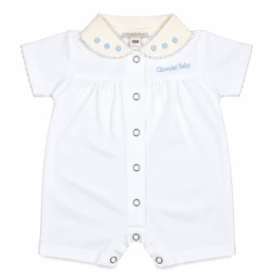 Pijama de verano para bebé celeste Chocolat Baby de algodón 100% con cuello de bodoques bordados y botones frontales.