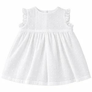 Conjunto bebé blanco de plumeti con vestido y cubrepañal Chocolat Baby en algodón 100%.