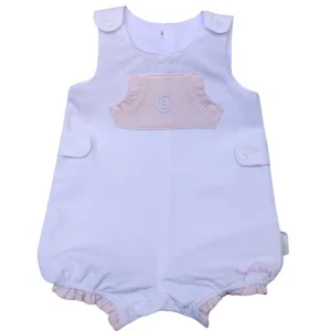 Mono blanco con detalles en rosa de Chocolat Baby, 100% algodón, con botones en tirantes y entrepierna.