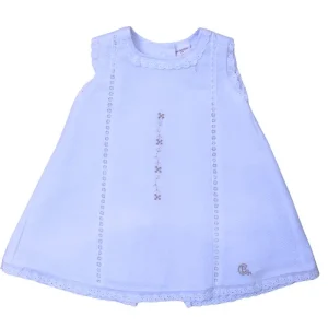 Vestido bebé blanco con bordado dorado – modelo Bristol de Chocolat Baby. Elegante y cómodo