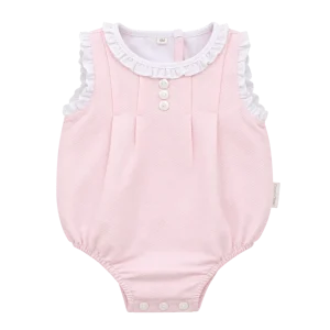 Enterizo plisado rosa para bebé Chocolat Baby de piqué con volantes blancos y botones delanteros – 6 meses