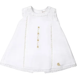 Vestido bebé blanco con bordado dorado – modelo Bristol de Chocolat Baby. Elegante y cómodo