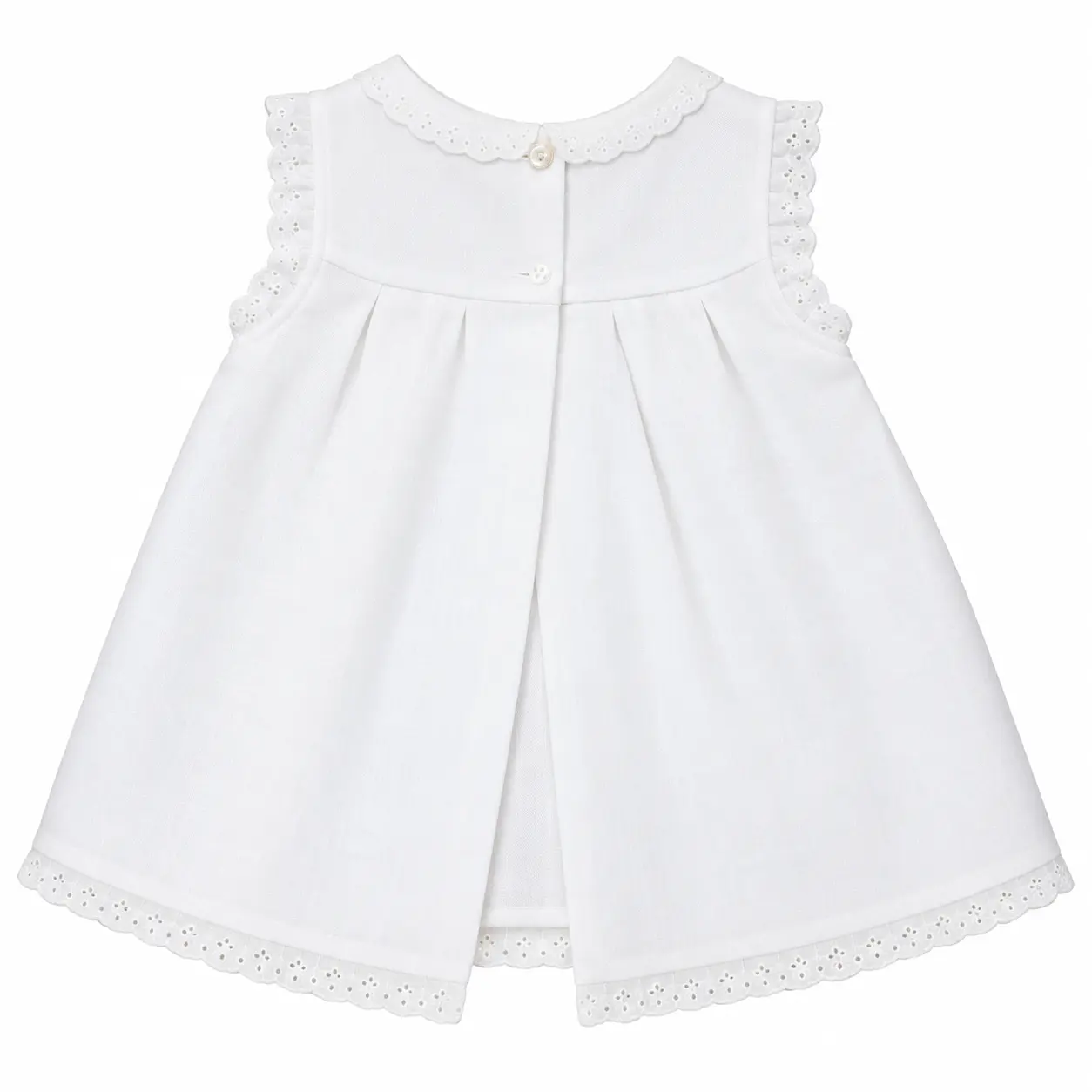 Vestido bebé blanco de piqué Liverpool Chocolat Baby vista trasera con apertura de botón y cuello redondo.