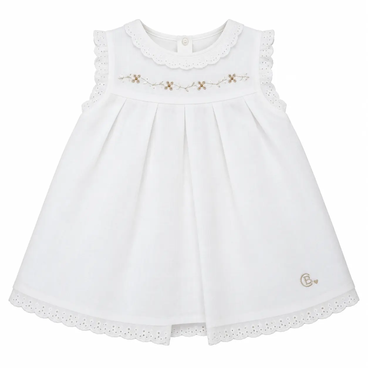 Vestido bebé blanco de piqué Liverpool Chocolat Baby vista delantera con apertura de botón y cuello redondo.