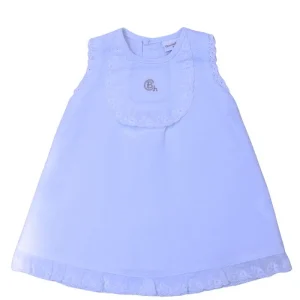 Vestido bebé blanco con bordado dorado de Chocolat Baby, confeccionado en tejido de piqué, ideal para ofrecer comodidad y un acabado elegante.