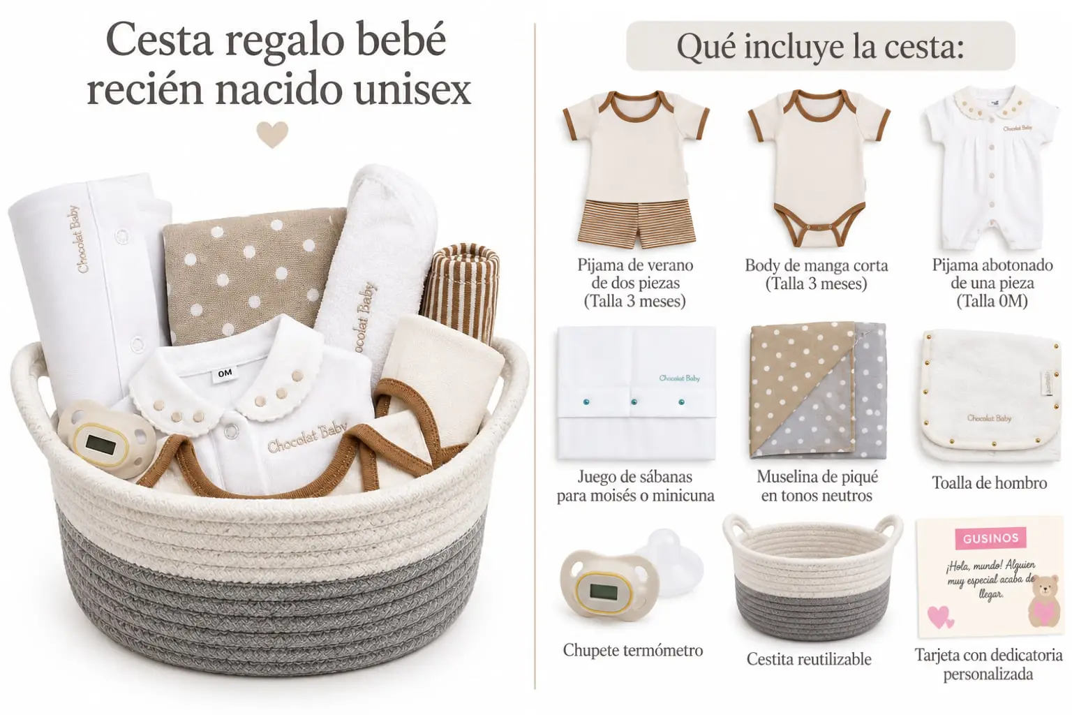 Cesta regalo bebé recién nacido unisex con todos los productos incluidos: pijamas, body, sábanas, muselina, toalla de hombro, chupete termómetro, cesta reutilizable y tarjeta personalizada