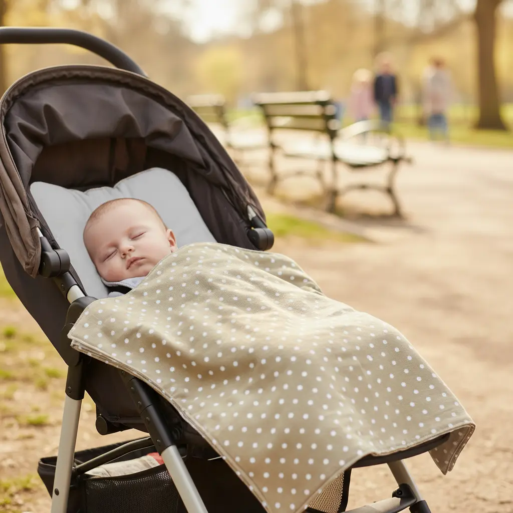 bebé dormido enun carrito en el parque tapado con una muselina