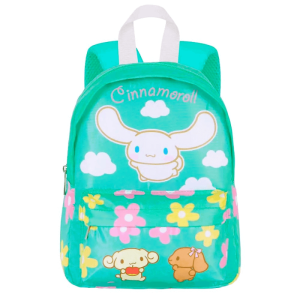 Mochila preescolar ligera y resistente de Sanrio con diseño Cinnamoroll Mint. Incluye bolsillo frontal, tirantes ajustables y panel trasero acolchado para mayor comodidad.