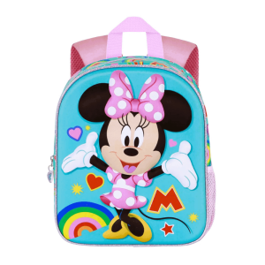 Mochila preescolar Disney Minnie Mouse Greet con relieve frontal, bolsillo lateral de malla, espalda acolchada y etiqueta de identificación.