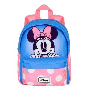 Mochila preescolar ligera con diseño de Minnie Mouse. Azul con bolsillos rosas de lunares blancos y estampado de Minnie