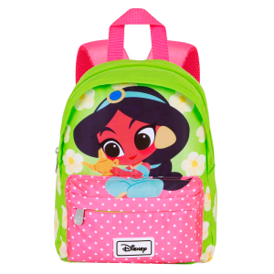 Mochila preescolar ligera con diseño de la princesa Jasmín. Cuenta con compartimento principal con cremallera, bolsillo frontal y respaldo acolchado para mayor comodidad.