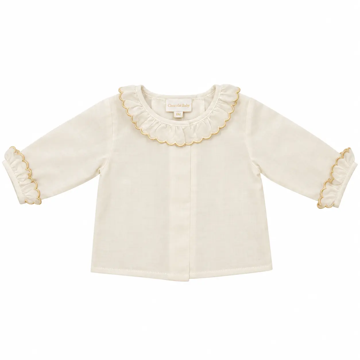 Camisa bebé de batista beige 100% algodón con cuello volante y manga larga Chocolat Baby