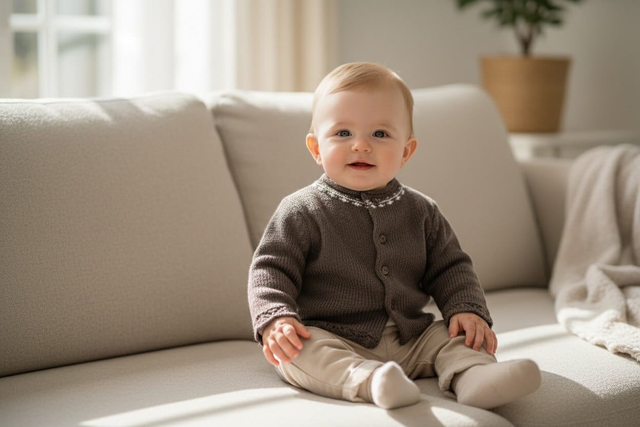 bebé sentado en un sofá con chaqueta de lana de Chocolat baby