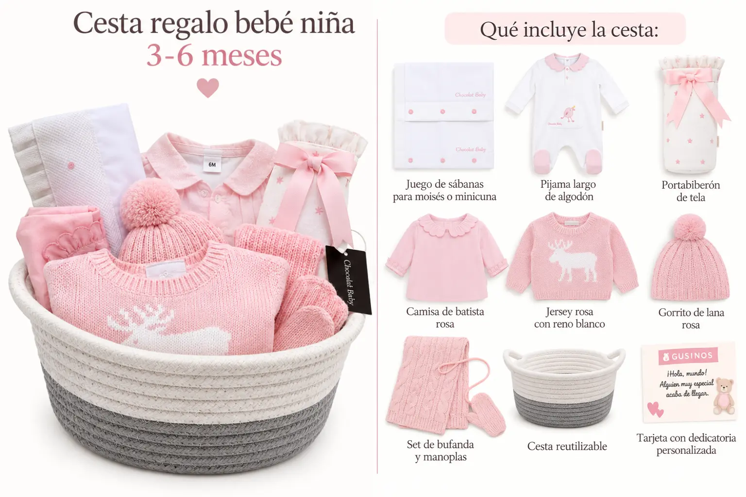Contenido de la cesta regalo bebé niña 3-6 meses con jersey rosa, pijama largo, camisa de batista, gorro, bufanda, manoplas, sábanas y portabiberón