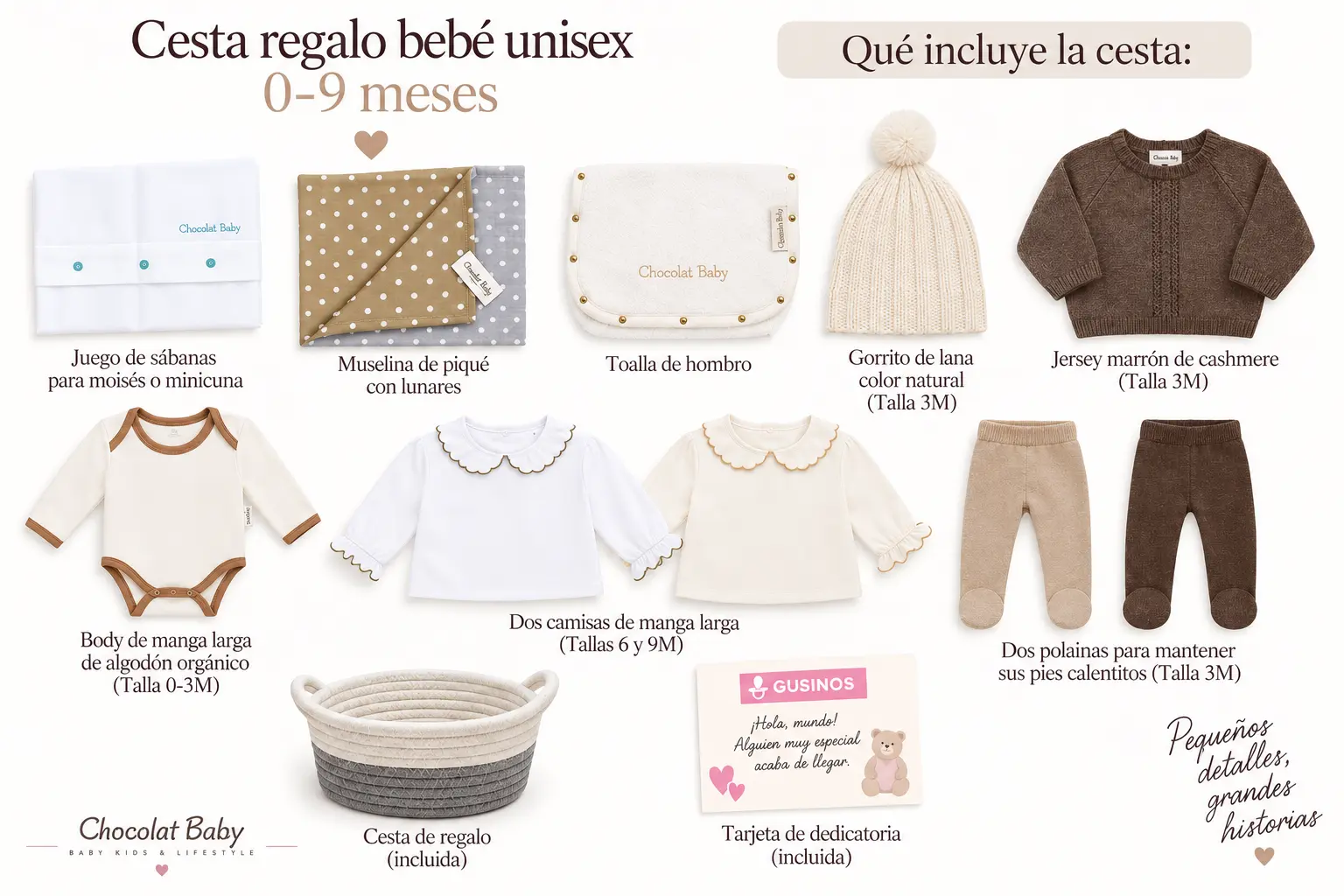 Cesta regalo bebé unisex 3-9 meses con ropa de algodón orgánico, muselina de piqué, sábanas para moisés y accesorios Chocolat Baby