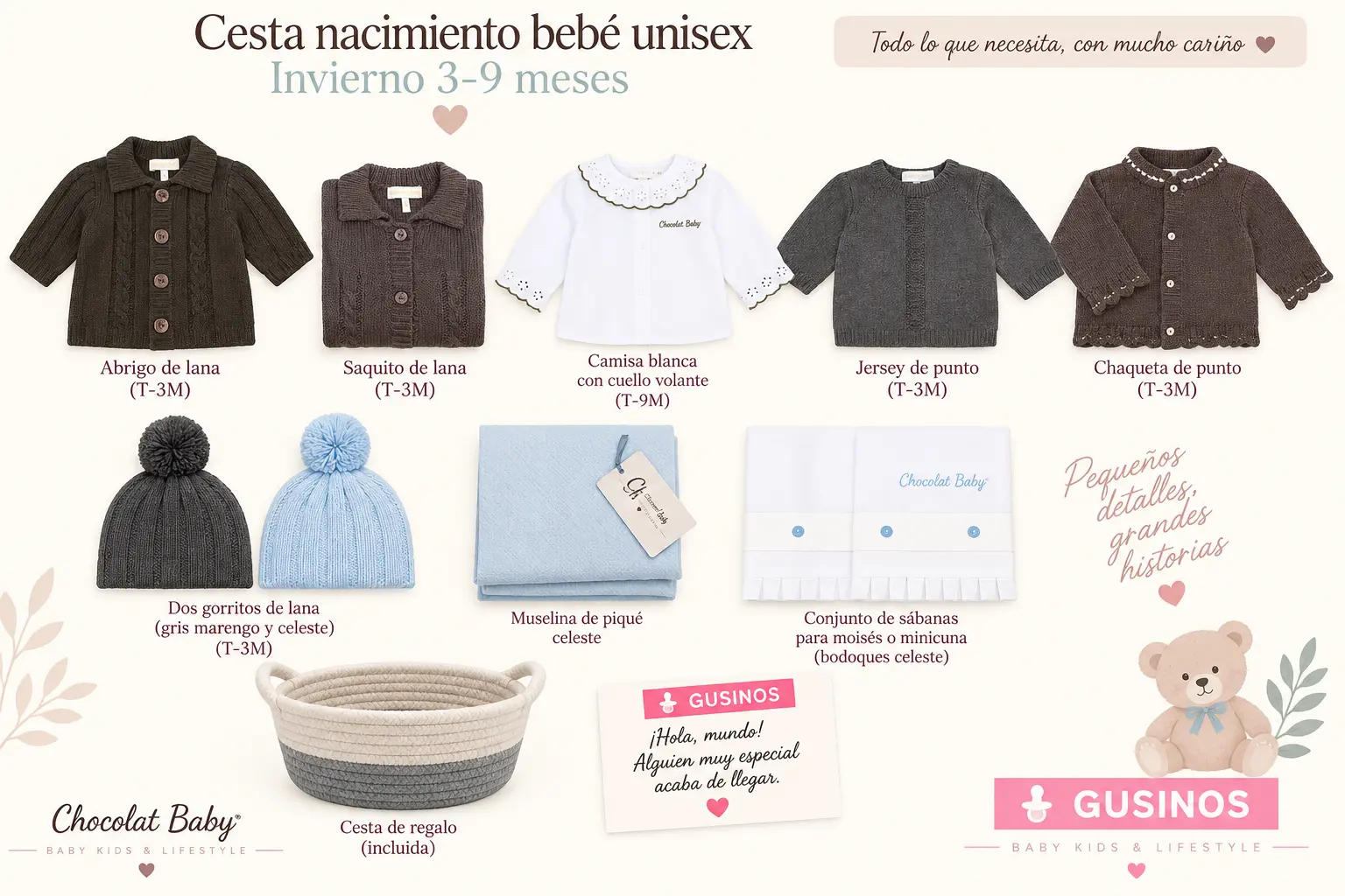 Cesta nacimiento bebé unisex invierno 3-9 meses con abrigo de lana, jersey de punto, chaqueta, saquito, camisas, gorritos, muselina y sábanas para moisés