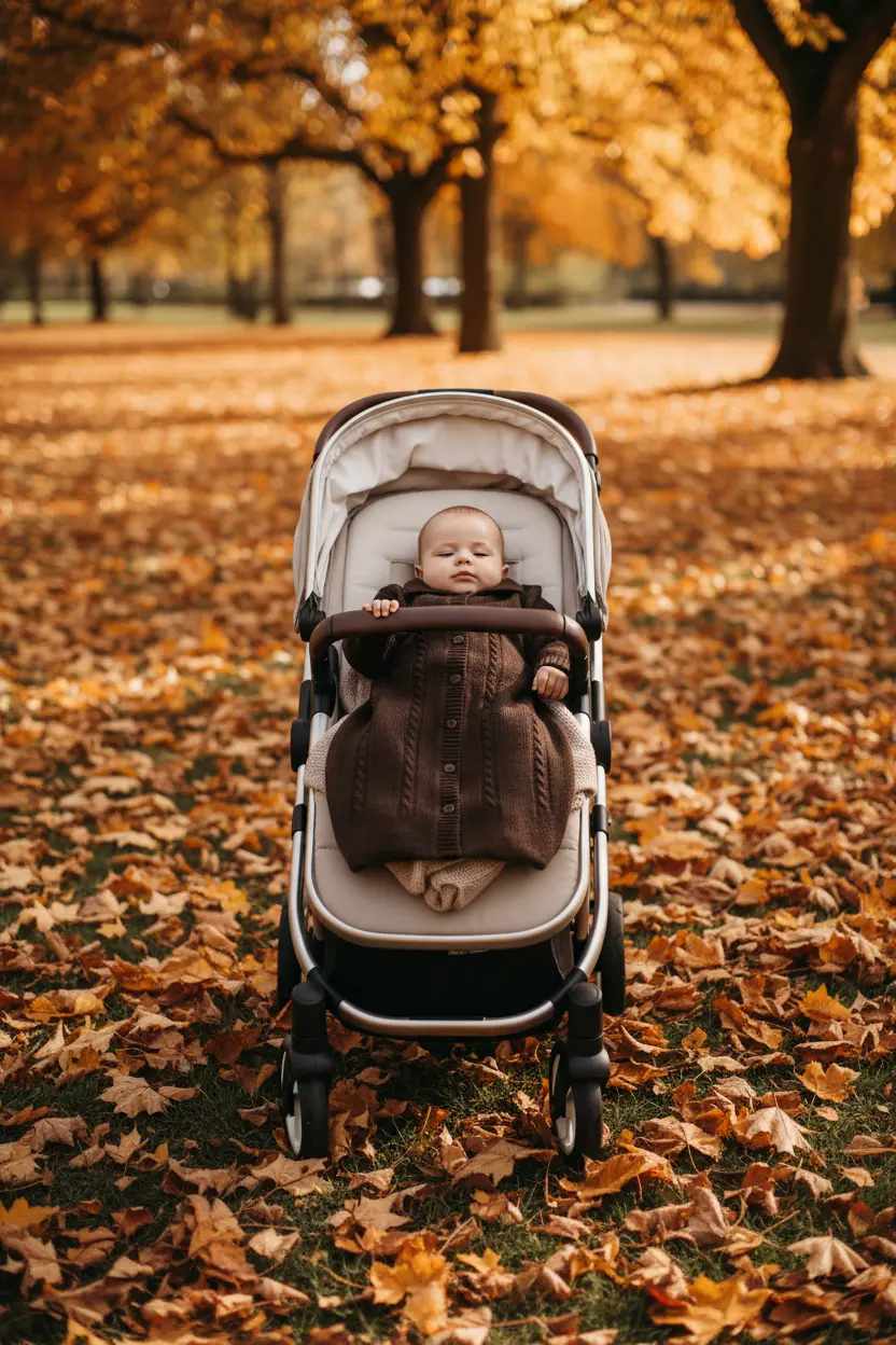 bebé en carrito tapado con el saquito en un parque otoñal