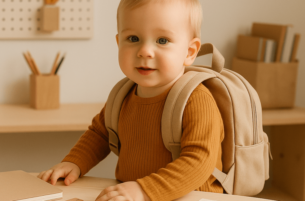 Bebé con mochila infantil beige sentado en una mesa con material escolar.