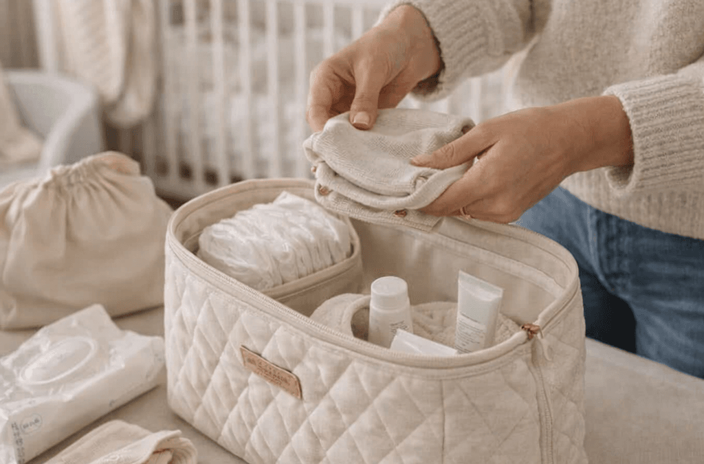 Neceser infantil organizado con productos básicos de higiene para guardería.