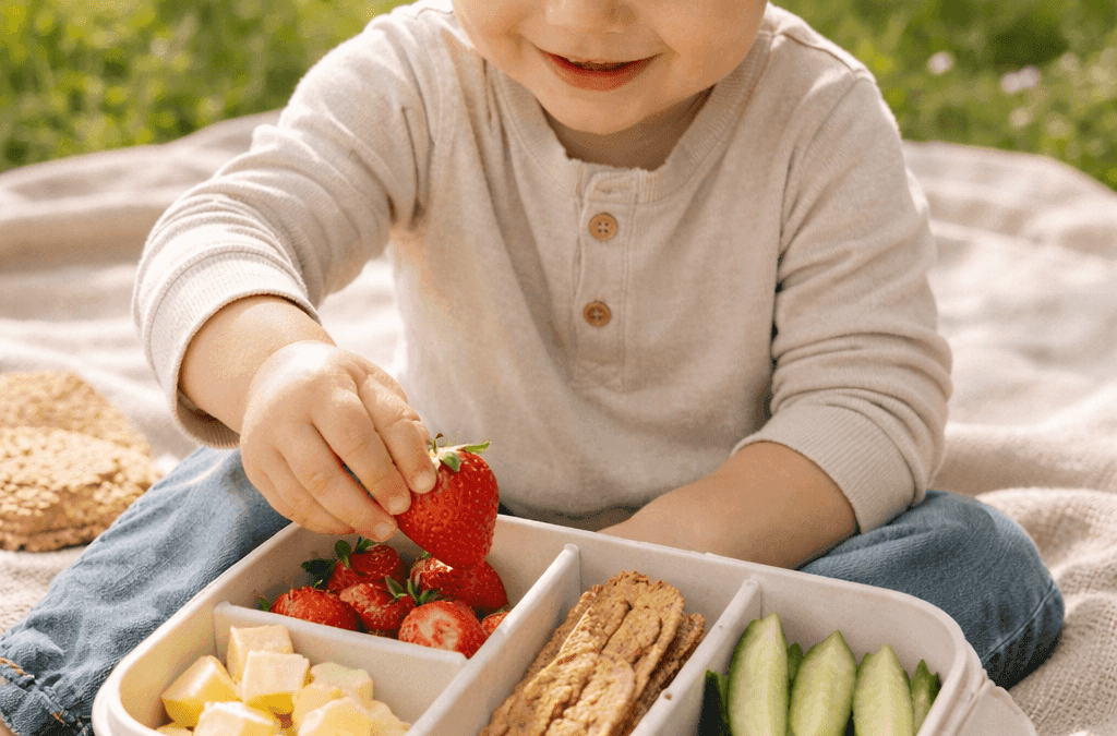 Lonchera infantil con compartimentos y comida organizada en tonos neutros.