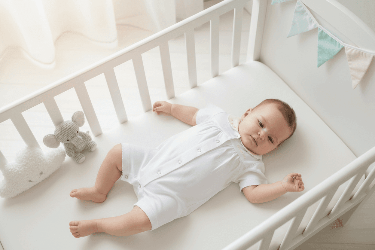 bebé en cuna vistiendo el pijama verano de chocolat baby con detalles en rosa.