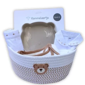 cesta nacimiento bebé unisex 0-3 meses con ropa algodón orgánico y plato silicona