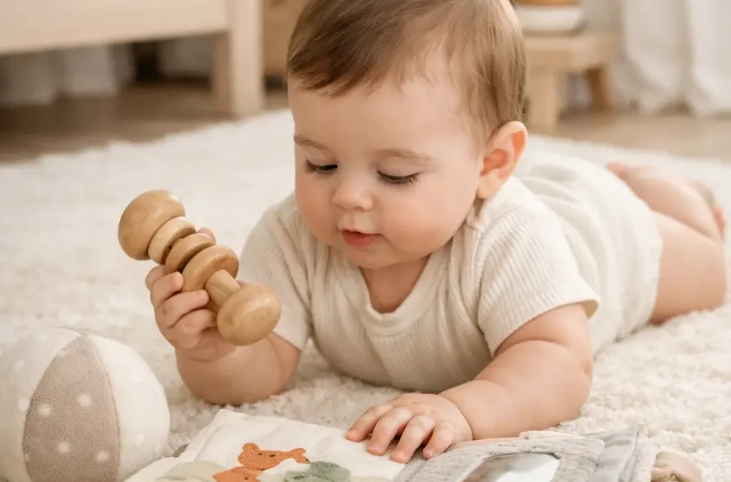 Bebé jugando con sonajero y juguetes suaves en una alfombra infantil.