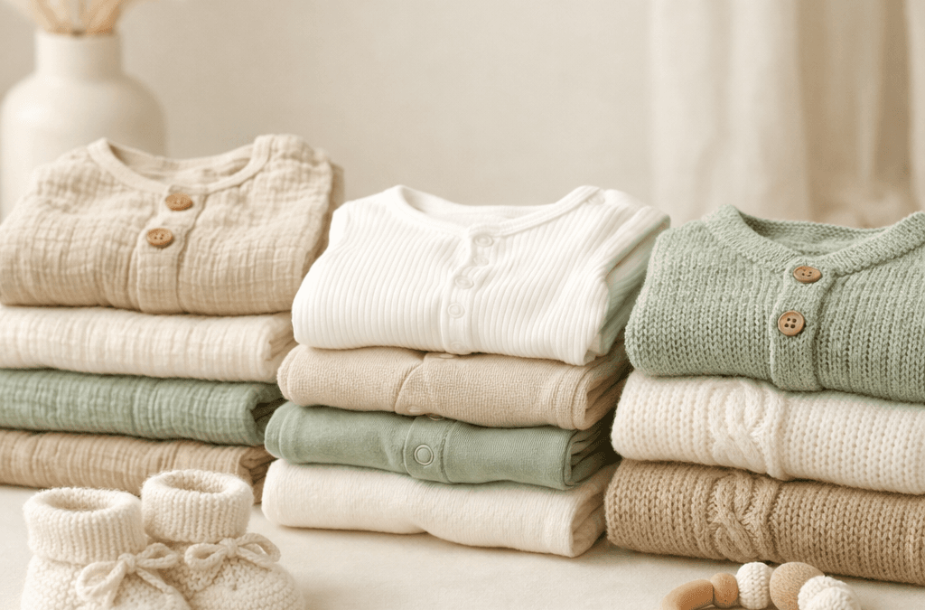 Ropa de bebé en tejidos suaves como algodón y muselina en tonos neutros.