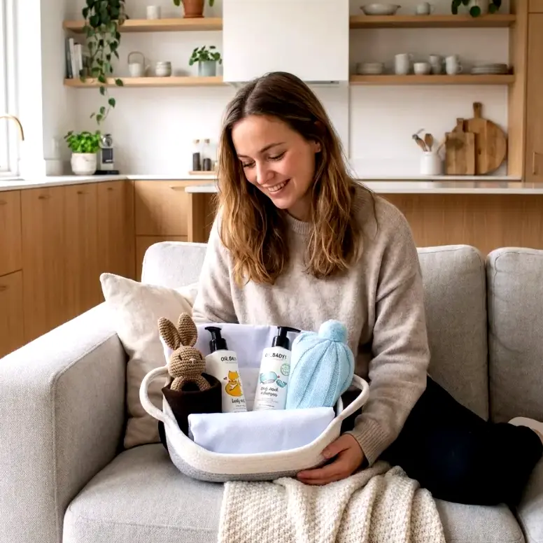 Cesta nacimiento bebé niño 0–3 meses – Chocolat Baby foto lifestyle, Chica con la cesta encima sonriendo, sentada en un sofá.