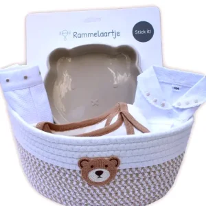 cesta nacimiento bebé unisex 0-3 meses con ropa algodón orgánico y plato silicona