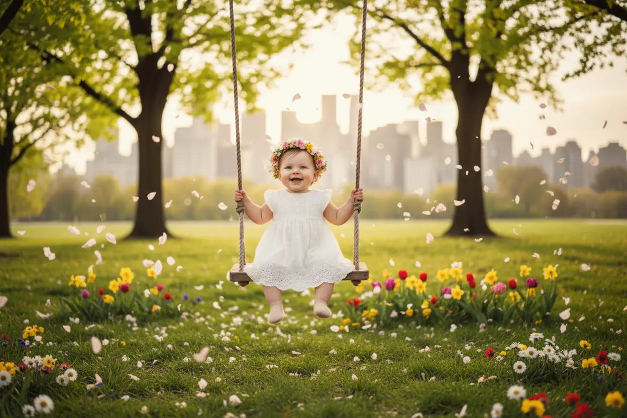 Niña en columpio en un parque, de fondo una ciudad. Primaveral