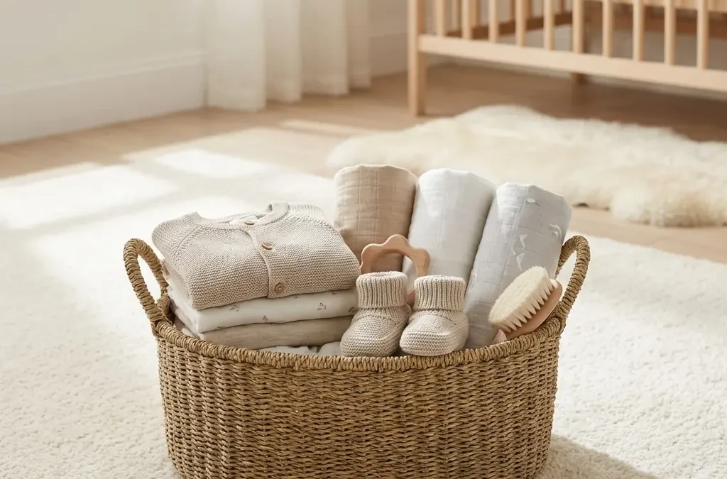 canastilla con ropa y complementos de bebé en el suelo de una habitación, de fondo una cuna