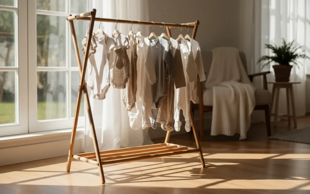 Ropa de bebé limpia tendida en tonos suaves y neutros.