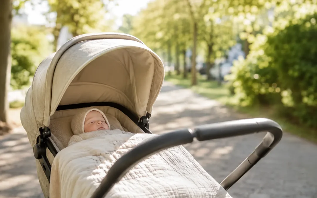 carrito con bebé paseando por el parque